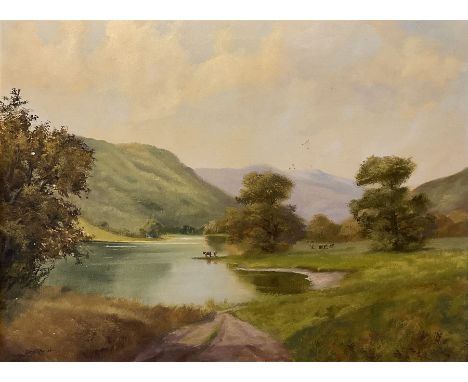Jack R Mould (British 1925-1998): River Landscape with Cattle Watering, oil on canvas signed 45cm x 60cm