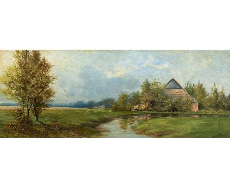 Kinder (Continental 19th/20th century): River Landscape, oil on panel signed 21cm x 53cm