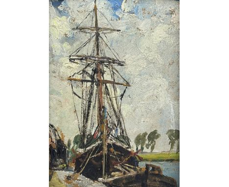 Alexander Jamieson (Scottish 1873-1937): Boat by the Quayside, oil on panel signed and inscribed verso 18cm x 12cm