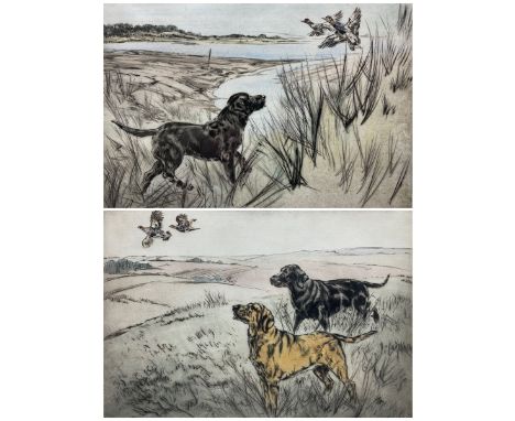 Henry Wilkinson (British 1921-2011): Labradors Chasing Pheasants, pair coloured drypoint etchings signed and numbered in penc