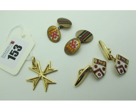 A Maltese Cross Pendant, stamped "750" (6.4grams); enamel cufflinks. 