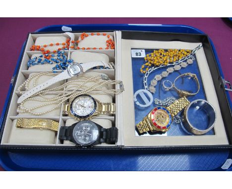 Ladies and Gent's Wristwatches, together with a wide hallmarked silver hinged bangle, leaf scroll engraved to the front; imit