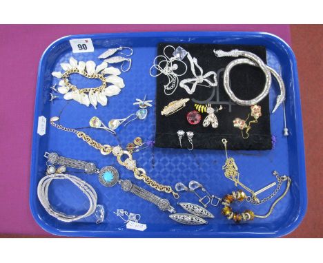 Assorted Costume Jewellery, including marcasite and other bracelets, inset and other brooches, earrings, articulated serpent 