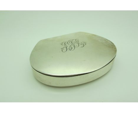 A Large Hallmarked Silver Snuff Style Box, Birmingham 1922, of plain shaped design, initialled (120grams). 