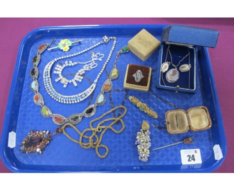 Vintage and Later Costume Jewellery, including shell carved cameo style pendant and earrings, blue and white diamanté, 'Mirac