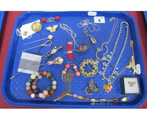 Vintage Coloured Diamanté Necklaces, antique style drop pendant stamped "925", on a chain, novelty butterfly and insect brooc