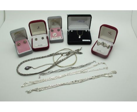 A Modern Bangle, stamped "925"; assorted earrings, pendant on chain, further chains. 