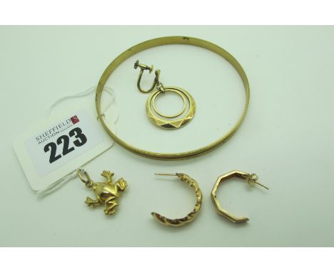 A Novelty Frog Charm Pendant, stamped "375"; odd earrings and a bangle. 