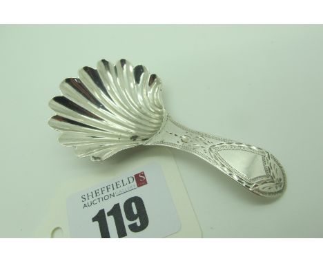 A Decorative Hallmarked Silver Caddy Spoon, Hester Bateman, London 1788, with shell bowl and bright cut engraved decoration, 