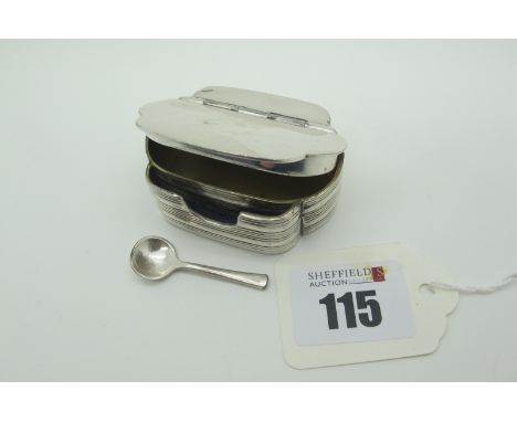 An Unusual Plated Snuff Box with Spoon, of shaped design with reeded detail, with hinged lid and compartment containing minia