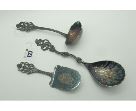A Swedish Pastry Server, stamped "830S"; together with matching ladle and a decorative Swedish spoon, stamped "830S". (3)  