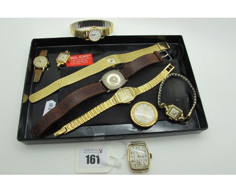 A Vintage 9ct Gold Cased Wristwatch Head, (no strap) the cushion shape dial with Arabic numerals and seconds subsidiary dial 