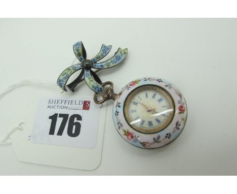 A Highly Decorative Enamel Ladies Fob Watch, the gilt highlighted dial with blue Roman numerals, within floral bezel, hand pa