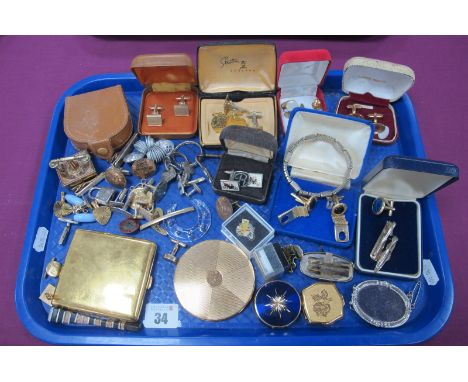 A Collection of Assorted Cufflinks, tie clips, pill boxes, powder compact, plated cigarette case, etc :- One Tray 