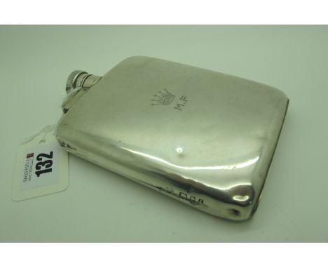 A Hallmarked Silver Hip Flask, Goldsmiths &amp; Silversmiths Co, London 1926, of plain rounded rectangular form, initialled "