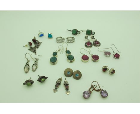 A Collection of Assorted "925" and Other Earrings, including Indian ruby, emerald, QVC Diamonique, etc. 