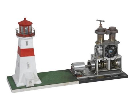 A model of a twin vertical cylinder Sterling hot air engine, built by the late Mr Brian Marshall of Chichester, gas fired wit