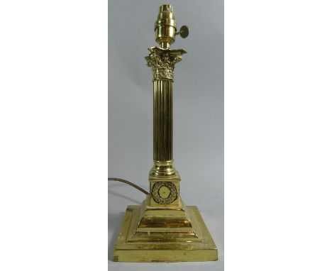 An Edwardian Brass Table Lamp in the Form of a Corinthian Column on Iron Weighted Stepped Base, 36cm High 