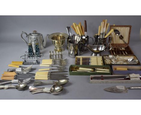 A Large Collection of Metalwares to Include Cased and Loose Bone Handled and Other Cutlery, Silver Plated Tankards, Jug, Teap