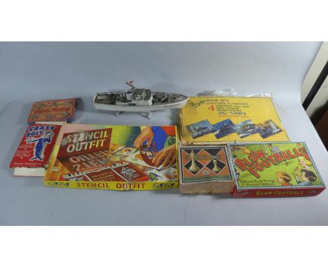 A Collection of Vintage Puzzles, Battery Operated Boat, Stencil Outfit, Chad Valley Chess Set etc 