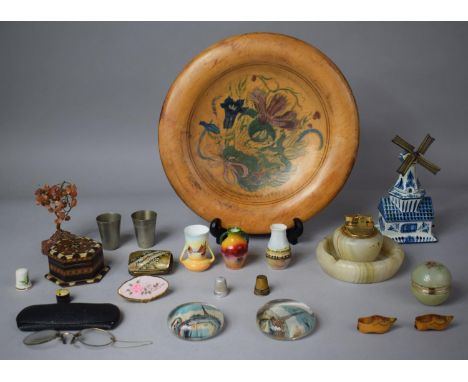 A Tray of Curios to Include Delft Musical Windmill, Inlaid Hexagonal Ring Box, Mother of Pearl Purse, Blackpool Paperweights,