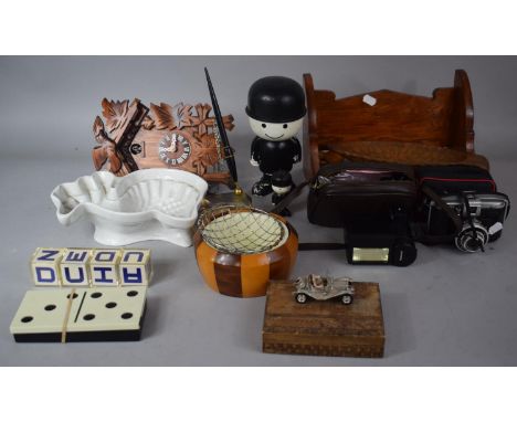 A Collection of Sundries to Include Wooden German Cuckoo Clock, Wooden Book Trough, Italian Ferrania, Jelly Mould, Flour Men 