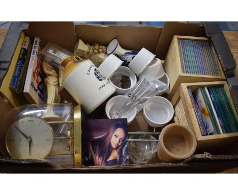A Box of Sundries to Include Mantle Clock, Oriental Ornaments, Books, Ceramics, Books, Ceramics, CD's Pepper Grinder etc 