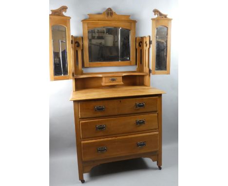 An Art Nouveau Satin Walnut Dressing Chest with Three Long Drawers to Base, Raised Display Shelf Incorporating Jewel Drawer, 