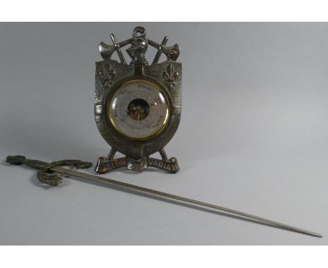 A Mid 20th Century Easel Back Metal Barometer in Armorial Shield, Together with a Reproduction Model of a Spanish Sword 