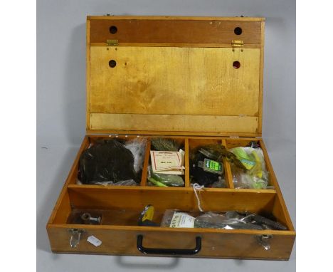 A Wooden Fly Tying Box with Fitted Interior Containing Various Feathers, Furs, Fly Tying Tools etc 40cm Wide 