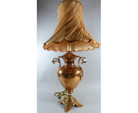 A Late Victorian Continental Copper Samovar with Brass Tap and Ceramic Carrying Handles Now Converted to Table Lamp and with 