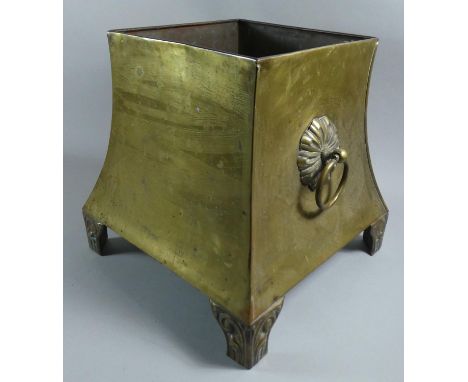 A Late 19th Century Brass Coal Box of Waisted Form with Bracket Feet and Two Ring Carrying Handles, Missing Lid, 35cm Square 