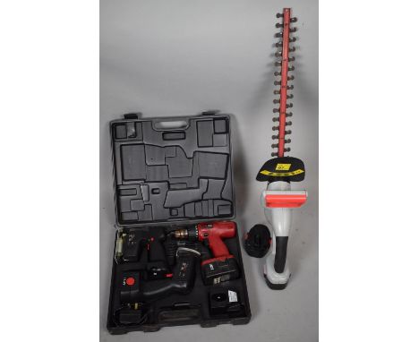 A Rechargeable Hedge Trimmer and Boxed Set of Rechargeable Drills and Tools 