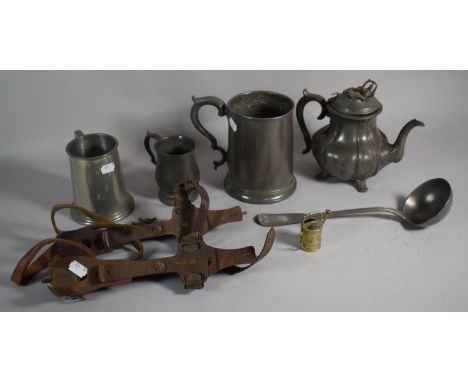 A Tray Containing Pewter Tankards, Ladle and Teapot Together with Vintage Ice Skate Blades 