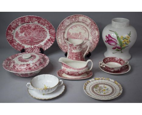 A Collection of Pink Transferware to Comprise Lidded Tureen, Gravy Boat on Stand, Oval Serving Plates, Soup Cup etc Together 