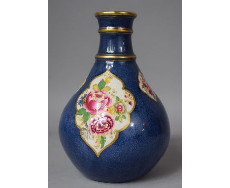 A Ceramic Vase of Bottle Form with Floral Cartouches on Blue Ground Enriched with Gilt Highlights, 19cm high 