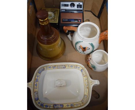 A Box Containing Kodak Instant Camera, Wade Decanter, Mantle Clock, Ceramics etc 