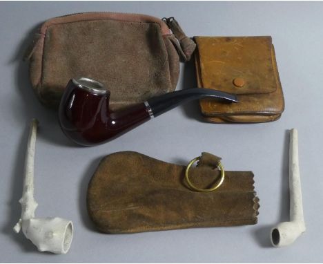 Two Clay Pipes, Vintage Briar Wood Pipe and Three Leather Wallets 