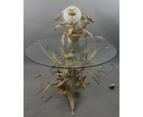 A Painted Metal Conservatory Table in the Form of Wild Poppies and Corn with Circular Glass Top and Matching Table Lamp, 79cm