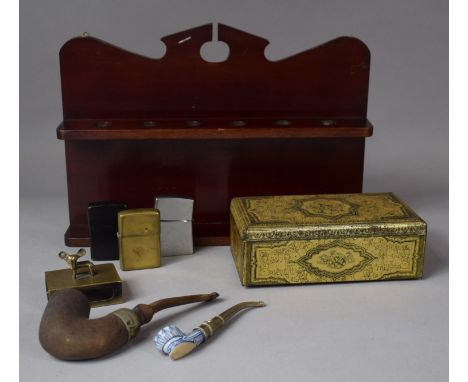 A Mahogany Pipe Rack Box Containing Various Vintage Pipes and Lighters, Brass Matchbox Holder etc (We will not post lighters)