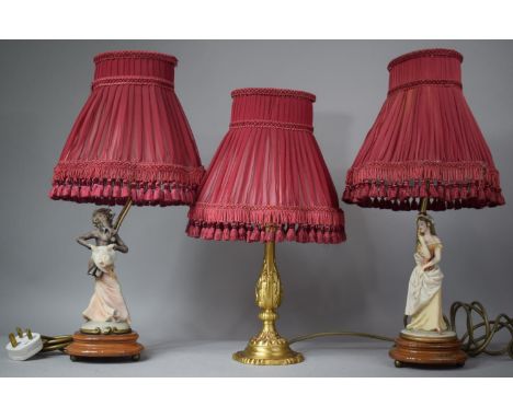 A Pair of Figural Table Lamps and Shades and a Brass Table Lamp 