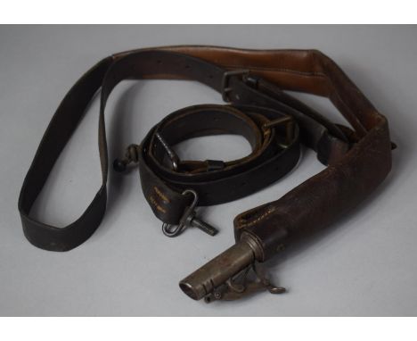 A 19th Century Leather Shoulder Sling Shot Flask with Unrelated Belt 