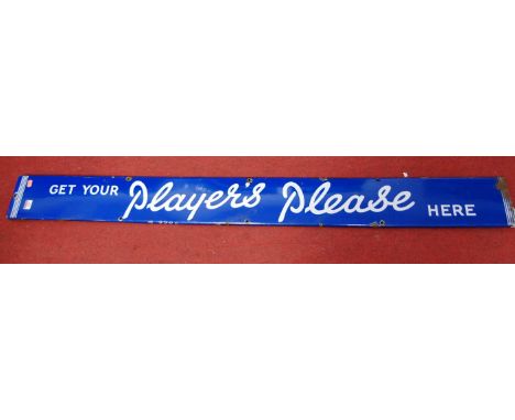 An original Players Please white on blue enamel strip sign reading 'Get Your Players Please Here'