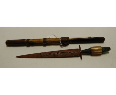 An Eastern dagger, having pierced steel blade and incised bone handle; together with a combination dagger / chopstick set (2)