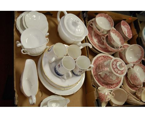 Two boxes of miscellaneous china to include; Enoch Wedgwood Tunstall Woodland pattern transfer decorated part tea and dinner 