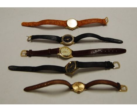 A ladies Tissot Saphir gold plated cased and steel backed wristwatch, having champagne dial with baton markers, on leather st