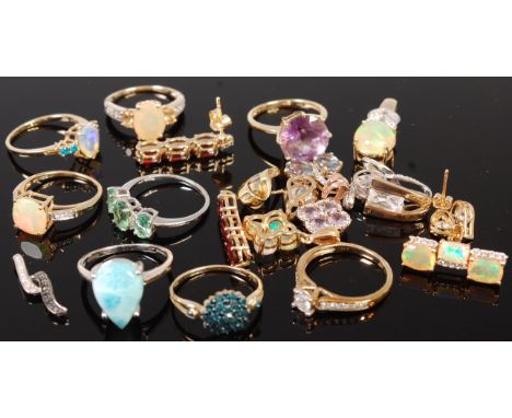 A large quantity of principally 9ct gold and semi precious set rings and pendants to include examples from Gems TV, various s