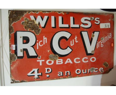 A mid-20th century enamel advertising sign for Will's Rich Cut Virginia Tobacco, 46 x 76cm