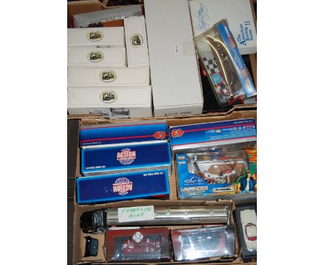 Two boxes of mixed modern issue diecast to include Corgi Classics and Good Wrench Racing, Joyride American Choppers etc