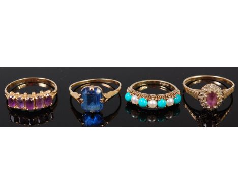 Four various ladies 9ct gold and semi-precious set dress rings, to include; amethyst, turquoise and seed pearl examples, gros